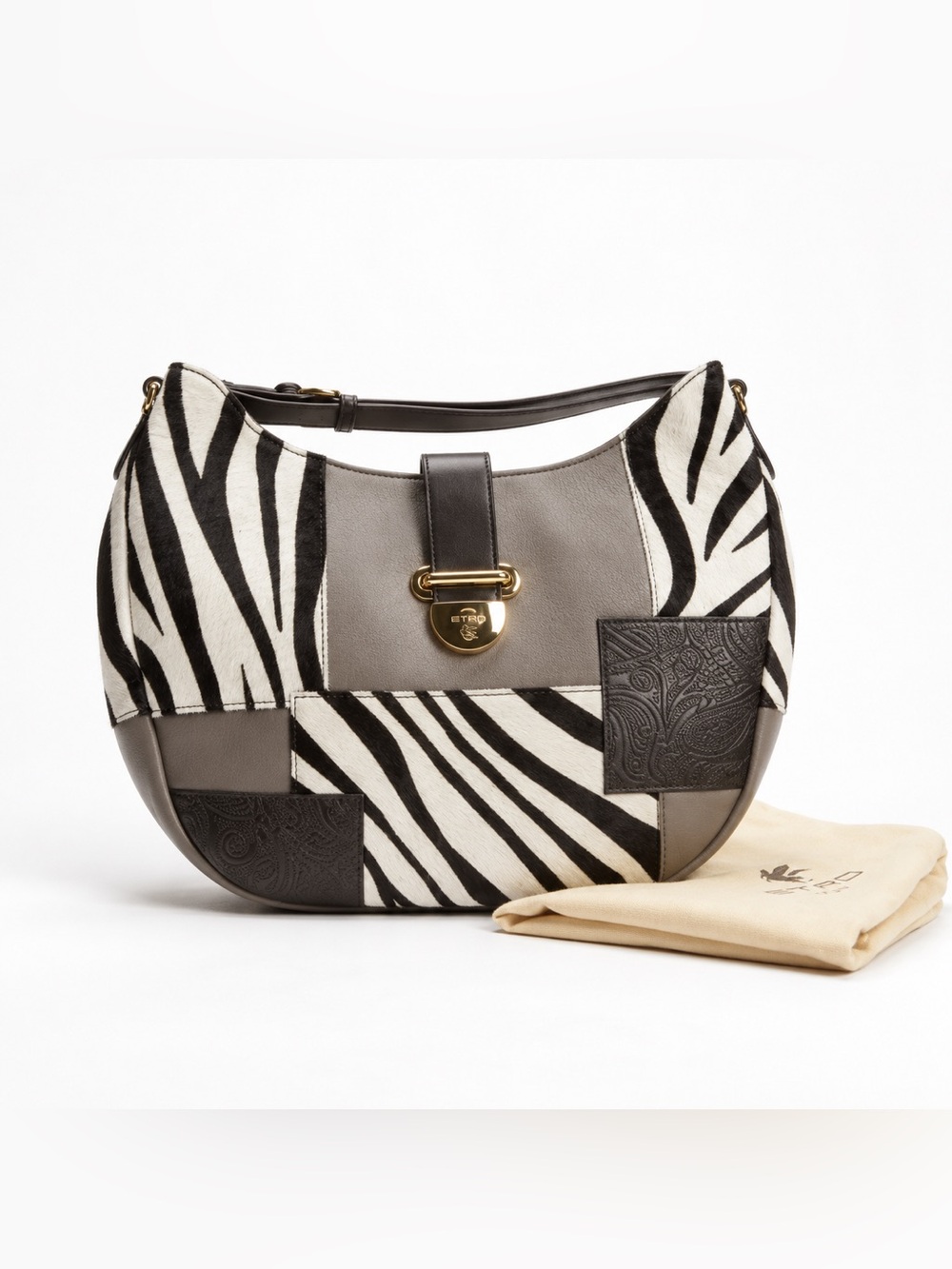 RARE/Unworn Vintage ETRO  Pony hair Zebra  Print Leather Patchwork Bag
